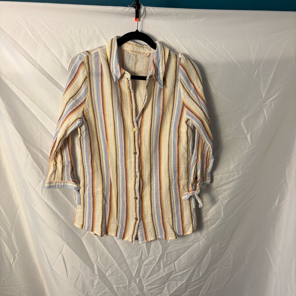 Soft Surroundings 100% Cotton Button-Up Shirt in Cream & Pastel Stripes Sz L